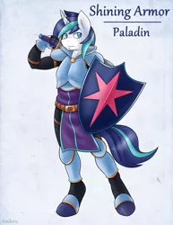Size: 1275x1650 | Tagged: safe, artist:ambris, derpibooru import, shining armor, anthro, unguligrade anthro, unicorn, adventuring is magic, armor, colored pupils, fantasy class, knight, looking at you, male, paladin, shield, solo, sword, warrior, weapon