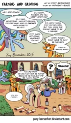 Size: 852x1470 | Tagged: safe, artist:pony-berserker, derpibooru import, applejack, derpy hooves, mayor mare, rainbow dash, oc, oc:longhaul, oc:southern comfort, earth pony, pegasus, pony, comic, cowboy hat, farming, female, flying, glasses, hat, horse collar, laughing, male, mare, mouth hold, mouthpiece, out of character, racism, scroll, speech bubble, stallion, watering can