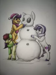 Size: 900x1200 | Tagged: safe, artist:lupiarts, derpibooru import, apple bloom, scootaloo, sweetie belle, pony, crusaders of the lost mark, advent calendar, christmas, clothes, cutie mark, cutie mark crusaders, female, filly, scarf, snow, snowpony, the cmc's cutie marks, traditional art