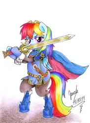 Size: 1672x2284 | Tagged: safe, artist:janadashie, derpibooru import, rainbow dash, pony, bipedal, cape, clothes, costume, female, fire emblem, fire emblem: awakening, lucina, solo, sword, traditional art, weapon