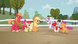 Size: 1366x768 | Tagged: safe, derpibooru import, screencap, apple bloom, applejack, big macintosh, scootaloo, sweetie belle, truffle shuffle, twist, earth pony, pony, family appreciation day, apple siblings, cutie mark crusaders, male, stallion