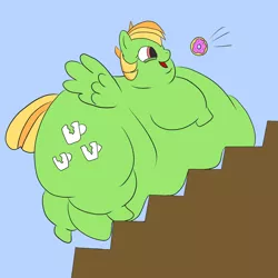 Size: 3000x3000 | Tagged: safe, artist:dobbinsditch, derpibooru import, oc, oc:bric-a-brac, unofficial characters only, pegasus, pony, belly, bread, donut, fat, food, morbidly obese, obese, solo, stairs