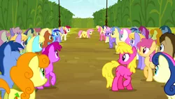 Size: 1920x1080 | Tagged: safe, derpibooru import, screencap, berry punch, berryshine, blues, bon bon, carrot top, cherry berry, cloud kicker, dizzy twister, doctor whooves, fluttershy, golden harvest, goldengrape, lily, lily valley, meadow song, minuette, noteworthy, orange swirl, rainbowshine, roseluck, sassaflash, sir colton vines iii, sweetie drops, time turner, twinkleshine, earth pony, pegasus, pony, putting your hoof down, background pony, background pony audience, corn maze, crowd, male, maze, scared, shy, stallion