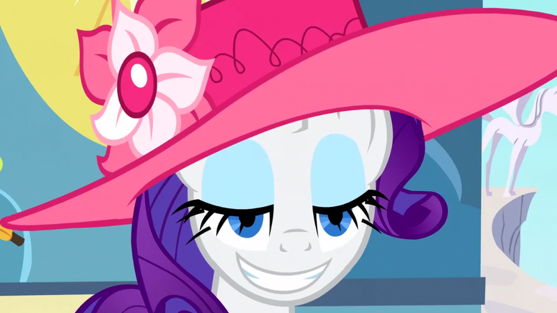 Size: 1024x575 | Tagged: safe, derpibooru import, screencap, rarity, sweet and elite, faic, grin, hat, lidded eyes