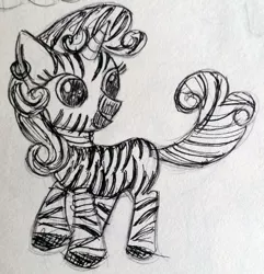 Size: 1950x2022 | Tagged: artist:jklrxdk, derpibooru import, monochrome, safe, solo, species swap, sweetie belle, traditional art, zebra, zebracorn, zebrafied