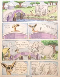 Size: 793x1007 | Tagged: animal in mlp form, antelope, artist:thefriendlyelephant, big ears, bridge, bush, cloud, comic, comic:friends of all sizes, derpibooru import, duo, elephant, gerenuk, grass, house, mountain, oc, oc:nuk, oc:obi, ponyville, river, rock, safe, size difference, smiling, stream, traditional art, tree, trunk, unofficial characters only, water