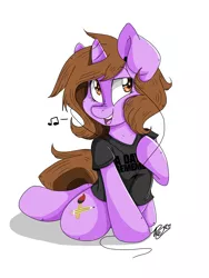 Size: 1536x2048 | Tagged: a day to remember, artist:doodlehorse, clothes, derpibooru import, earbuds, messy mane, music, music notes, oc, oc:doodle, safe, sitting, smiling, solo, t-shirt, unofficial characters only