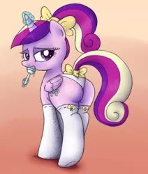 Size: 1024x1210 | Tagged: artist:an-tonio, artist:princess-katie, bedroom eyes, bow, candy, clothes, colored, derpibooru import, female, food, lollipop, looking back, lovebutt, magic, panties, plot, ponytail, princess cadance, ribbon, socks, solo, solo female, suggestive, tail bow, teen princess cadance, underwear, wedgie, white underwear