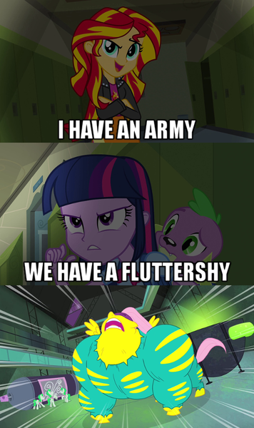 Size: 500x843 | Tagged: safe, derpibooru import, edit, edited screencap, screencap, fluttershy, saddle rager, sunset shimmer, twilight sparkle, equestria girls, avengers, flutterhulk, image macro, loki, meme, tony stark