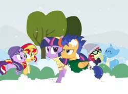 Size: 1400x1030 | Tagged: safe, artist:dm29, derpibooru import, flash sentry, moondancer, starlight glimmer, sunset shimmer, trixie, twilight sparkle, twilight sparkle (alicorn), alicorn, pony, advent calendar, counterparts, female, flashlight, harem, holiday horse days, magical quintet, male, mare, shipping, snow, snowball, snowball fight, straight, twilight's counterparts