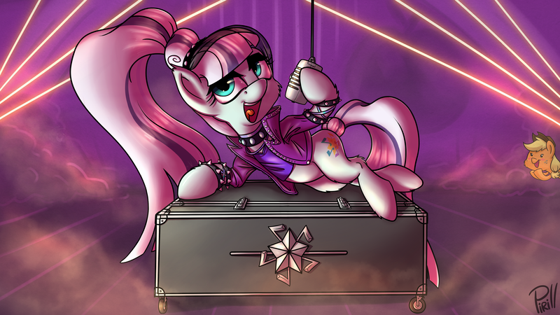 Size: 3840x2160 | Tagged: applejack, artist:pirill, clothes, coloratura, countess coloratura, derpibooru import, jacket, laser, lying down, microphone, safe, side, smoke, veil