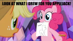 Size: 1280x720 | Tagged: applebutt, applejack, artist:tex, caption, derpibooru import, discovery family logo, edit, edited screencap, exploitable meme, hearthbreakers, meme, mouth hold, pinkie pie, plot, safe, screencap, the pie's paper meme