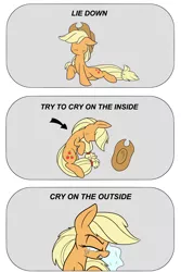 Size: 2000x3000 | Tagged: safe, artist:heir-of-rick, derpibooru import, applejack, earth pony, pony, daily apple pony, applejack cries on the inside, crying, crying inside, meme, reaction image, sad, solo, try not to cry, unhapplejack