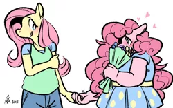 Size: 1280x804 | Tagged: safe, artist:rwl, derpibooru import, fluttershy, pinkie pie, anthro, earth pony, pegasus, blushing, bouquet, chubby, clothes, date, fat, female, flower, flutterpie, heart, holding hands, lesbian, pudgy pie, rose, shipping, signature, size difference, wingless, wingless anthro
