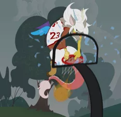 Size: 907x880 | Tagged: artist:darkstalker-x, basketball, broken glass, derpibooru import, discord, eris, fire, rule 63, safe