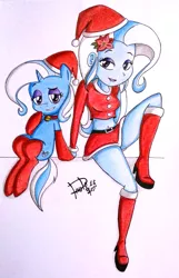 Size: 610x950 | Tagged: suggestive, artist:suicidemachine363, derpibooru import, trixie, equestria girls, bedroom eyes, boots, clothes, collar, flower, flower in hair, hat, human ponidox, humanized, lip bite, midriff, santa costume, santa hat, sexy, socks, stockings