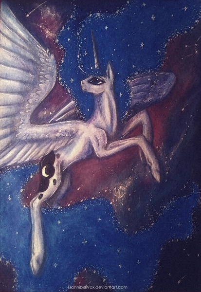 Size: 1500x2177 | Tagged: artist:lanteria, derpibooru import, flying, princess luna, safe, solo, spread wings, traditional art