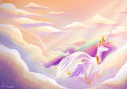 Size: 1400x988 | Tagged: safe, artist:maltese101, derpibooru import, princess celestia, alicorn, pony, cloud, crepuscular rays, female, flying, mare, profile, sky, solo, spread wings, wings