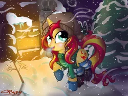 Size: 1600x1200 | Tagged: safe, artist:sunsetcrady, derpibooru import, sunset shimmer, pony, unicorn, blushing, boots, breath, clothes, hat, night, snow, snowfall, socks, sockset shimmer, solo, sweater, winter, winter outfit