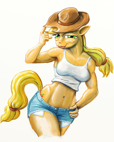 Size: 576x720 | Tagged: abs, anthro, applejack, armpits, artist:capt_hairball, clothes, derpibooru import, female, looking at you, plantigrade anthro, shorts, smiling, solo, solo female, suggestive