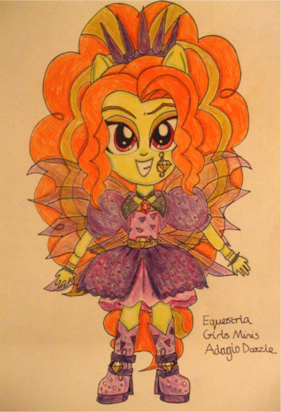 Size: 1024x1501 | Tagged: safe, artist:blazingdazzlingdusk, derpibooru import, adagio dazzle, equestria girls, rainbow rocks, adoragio, clothes, cute, drawing, equestria girls minis, fin wings, meme, ponied up, skirt, solo, that orange pencil, traditional art