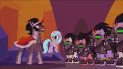 Size: 1200x675 | Tagged: safe, derpibooru import, edit, edited screencap, idw, screencap, king sombra, radiant hope, unicorn, the cutie re-mark, spoiler:comic, alternate timeline, animated, crystal empire, crystal war timeline, curved horn, female, hopebra, male, mind control, raised hoof, sombra empire, sombra soldier, straight