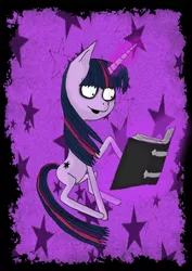 Size: 1489x2104 | Tagged: safe, artist:scorpionskissx, derpibooru import, twilight sparkle, pony, unicorn, abstract background, book, female, glowing horn, horn, levitation, magic, magic aura, mare, solo, style emulation, telekinesis, tim burton, unicorn twilight