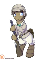 Size: 1050x1500 | Tagged: safe, artist:alasou, deleted from derpibooru, derpibooru import, doctor whooves, time turner, pony, bipedal, black powder rifle, clothes, gun, patreon, patreon logo, shotgun, simple background, solo, transparent background, weapon