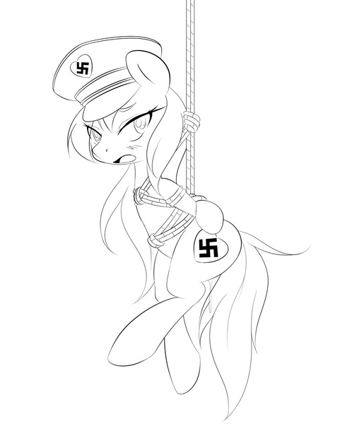 Size: 1280x1598 | Tagged: questionable, artist:randy, derpibooru import, oc, oc:aryanne, unofficial characters only, earth pony, pony, bed, bipedal, black and white, bondage, eyebrows down, female, grayscale, hanging, hat, heart, looking back, monochrome, nazi, outline, rope, rope bondage, solo, solo female, swastika