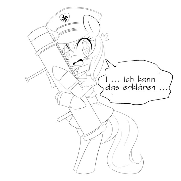 Size: 1280x1280 | Tagged: questionable, artist:randy, derpibooru import, oc, oc:aryanne, unofficial characters only, earth pony, pony, adorable distress, aryan, aryan pony, aryanbetes, bipedal, black and white, blushing, clothes, cute, dialogue, dress uniform, embarrassed, eyelashes, female, flustered, german, grayscale, hat, heart, holding, hug, i can explain, looking at you, mare, military uniform, monochrome, nazi, nazipone, open mouth, outline, rocket launcher, shocked, solo, speech bubble, surprised, swastika, sweat, uniform, weapon