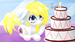 Size: 3840x2160 | Tagged: safe, artist:an-m, derpibooru import, oc, oc:aryanne, unofficial characters only, earth pony, pony, aryan, aryan pony, aryanbetes, bed, birthday, cake, cloud, cute, eating, female, figure, food, frosting, gift art, heart, heil, looking up, nazi, nazipone, plate, solo, swastika, window, zeppelin