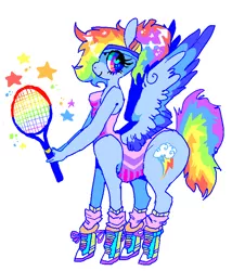 Size: 666x777 | Tagged: anthro centaur, artist:njeekyo, centaur, clothes, derpibooru import, headband, leg warmers, pegataur, ponytaur, rainbow dash, safe, solo, spread wings, taur, tennis racket