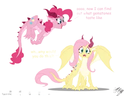 Size: 3308x2552 | Tagged: artist:blood-asp0123, derpibooru import, dragon, dragoness, dragonified, flutterdragon, fluttershy, pinkiedragon, pinkie pie, safe, simple background, species swap, transparent background