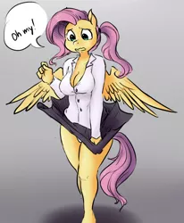 Size: 909x1101 | Tagged: anthro, artist:glacierclear, artist:princess-katie, breasts, busty fluttershy, clothes, colored, derpibooru import, female, fluttershy, panties, ponytail, skirt, skirt lift, solo, solo female, suggestive, underwear, upskirt, white underwear