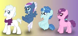 Size: 1024x476 | Tagged: artist:crazynutbob, colt, cute, derpibooru import, double dawwmond, double diamond, equal four, favorbetes, filly, foal, glideabetes, headband, night glider, party favor, safe, sitting, sugar belle, sugarbetes, underhoof, younger