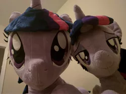 Size: 4160x3088 | Tagged: artist:plushwaifus, artist:qtpony, bedroom, bedroom eyes, bedroom ponies, cute, derpibooru import, duality, irl, life size, multeity, on bed, photo, photographer:corpulentbrony, plushie, safe, sparkle sparkle sparkle, twiabetes, twilight sparkle