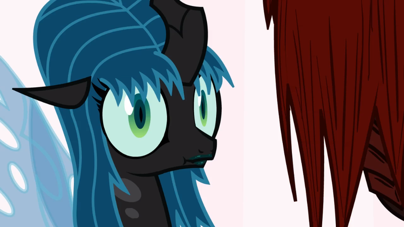 Size: 1067x600 | Tagged: alternate hairstyle, artist:mixermike622, derpibooru import, oc, oc:marksaline, queen chrysalis, reaction image, safe, scrunchy face, shock, tumblr:ask fluffle puff