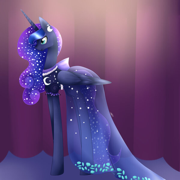 Size: 1024x1024 | Tagged: artist:midfire, canterlot boutique, clothes, derpibooru import, dress, long legs, over the moon, princess luna, profile, safe, solo