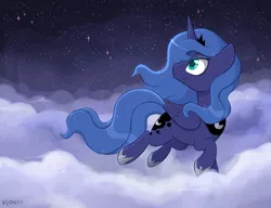 Size: 3000x2300 | Tagged: safe, artist:kodabomb, derpibooru import, princess luna, cloud, looking up, night, s1 luna, sky, smiling, solo, stars