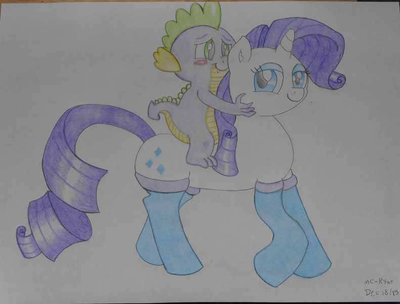 Size: 4680x3552 | Tagged: safe, artist:mc-ryan, derpibooru import, rarity, spike, blushing, colored pencil drawing, female, male, riding, shipping, sparity, straight, traditional art