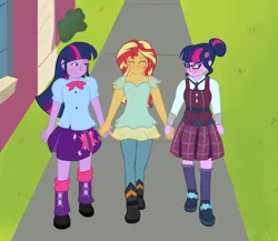 Size: 1280x1109 | Tagged: safe, artist:pewycert, derpibooru import, sci-twi, sunset shimmer, twilight sparkle, twilight sparkle (alicorn), equestria girls, friendship games, counterparts, female, lesbian, magical trio, ot3, polyamory, scitwishimmer, shipping, sunset twiangle, sunsetsparkle, twilight's counterparts, twolight