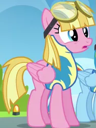 Size: 421x556 | Tagged: safe, derpibooru import, screencap, meadow flower, rainbow dash, pegasus, pony, wonderbolts academy, background pony, cropped, female, goggles, mare, solo focus, wonderbolt trainee uniform