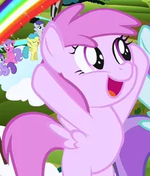 Size: 397x466 | Tagged: safe, derpibooru import, screencap, cheery, pinkie feather, rainy feather, tootsie flight, tornado bolt, pegasus, pony, the cutie mark chronicles, background pony, cropped, female, filly, rainbow, solo focus