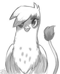 Size: 800x970 | Tagged: safe, artist:johnjoseco, derpibooru import, gilda, gryphon, black and white, cute, feathers over one eye, female, gildadorable, grayscale, hair over one eye, image, jpeg, looking at you, monochrome, simple background, smiling, solo, white background