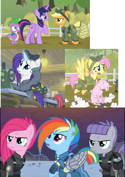 Size: 1280x1806 | Tagged: safe, derpibooru import, screencap, applejack, fluttershy, maud pie, pinkie pie, rainbow dash, rarity, spike, twilight sparkle, twilight sparkle (alicorn), alicorn, pony, sheep, the cutie re-mark, alternate timeline, amputee, apinkalypse pie, apocalypse dash, apocalypse maud, artificial wings, augmented, color correction, crystal war timeline, female, mane seven, mane six, mare, prosthetic limb, prosthetic wing, prosthetics, war, wings