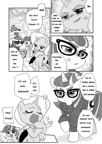 Size: 649x916 | Tagged: safe, artist:akira bano, derpibooru import, moondancer, trixie, twilight sparkle, twilight sparkle (alicorn), alicorn, pony, comic, doujin, female, mare, monochrome, preview, translation