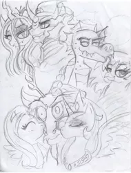 Size: 780x1025 | Tagged: safe, derpibooru import, discord, fluttershy, garble, gilda, king sombra, princess celestia, queen chrysalis, dragon, gryphon, chrysombra, crack shipping, discord gets all the mares, discoshy, discoshylestia, dislestia, female, garilda, kissing, male, ot3, shipping, straight