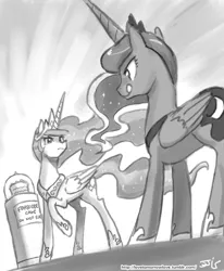 Size: 800x970 | Tagged: safe, artist:johnjoseco, derpibooru import, princess celestia, princess luna, alicorn, pony, angry, cake, cakelestia, female, food, grayscale, licking, licking lips, mare, monochrome, raised hoof, this will not end well, tongue out