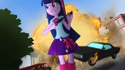 Size: 3840x2160 | Tagged: safe, artist:bastbrushie, derpibooru import, twilight sparkle, twilight sparkle (alicorn), equestria girls, car, cool guys don't look at explosions, explosion, female, grand theft auto, gun, shotgun, solo, weapon