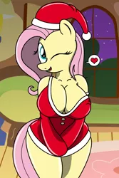 Size: 2000x3000 | Tagged: adorasexy, anthro, arm hooves, artist:an-tonio, artist:pananovich, big breasts, breasts, busty fluttershy, christmas, cleavage, clothes, colored, color edit, costume, cute, derpibooru import, edit, female, fluttershy, hat, heart, holiday, night, one eye closed, santa costume, santa hat, sexy, sexy santa costume, solo, solo female, stars, suggestive, wink